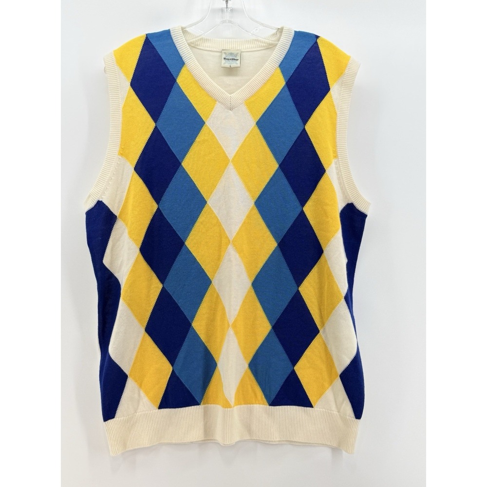 Regal Wear Argyle Sweater Vest Size Large Yellow Teal Royal Blue